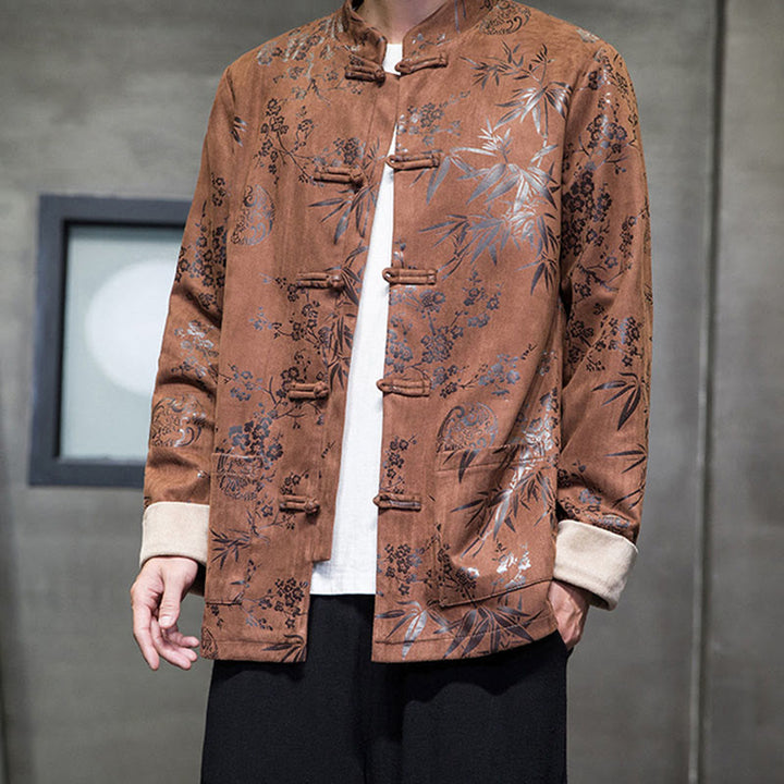 Buddha Stonesと中国の旧正月服、花柄、竹、無地、カエルボタン、唐装、綿、メンズジャケット、ポケット付きシャツ - image 11