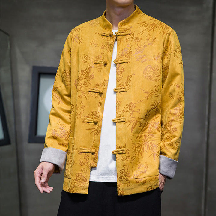 Buddha Stonesと中国の旧正月服、花柄、竹、無地、カエルボタン、唐装、綿、メンズジャケット、ポケット付きシャツ - image 1