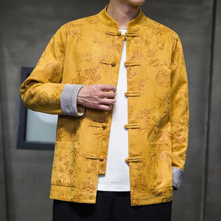 Buddha Stonesと中国の旧正月服、花柄、竹、無地、カエルボタン、唐装、綿、メンズジャケット、ポケット付きシャツ - image 7