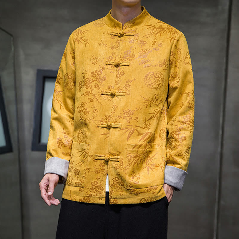 Buddha Stonesと中国の旧正月服、花柄、竹、無地、カエルボタン、唐装、綿、メンズジャケット、ポケット付きシャツ - 金 - US/UK/AU46、 EU56 (5XL) - image 0