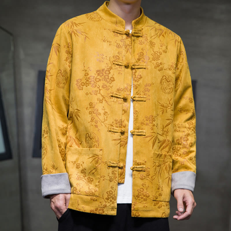 Buddha Stonesと中国の旧正月服、花柄、竹、無地、カエルボタン、唐装、綿、メンズジャケット、ポケット付きシャツ - image 4