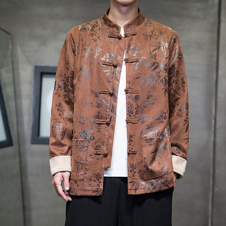 Buddha Stonesと中国の旧正月服、花柄、竹、無地、カエルボタン、唐装、綿、メンズジャケット、ポケット付きシャツ - image 13