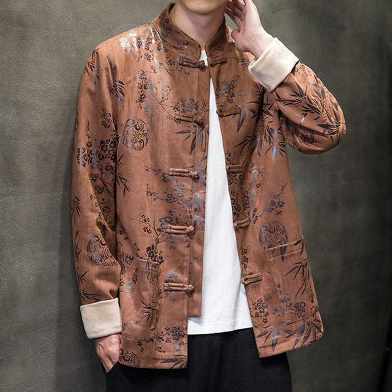 Buddha Stonesと中国の旧正月服、花柄、竹、無地、カエルボタン、唐装、綿、メンズジャケット、ポケット付きシャツ - image 17