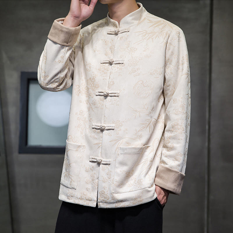 Buddha Stonesと中国の旧正月服、花柄、竹、無地、カエルボタン、唐装、綿、メンズジャケット、ポケット付きシャツ - ベージュ - US/UK/AU46、 EU56 (5XL) - image 43