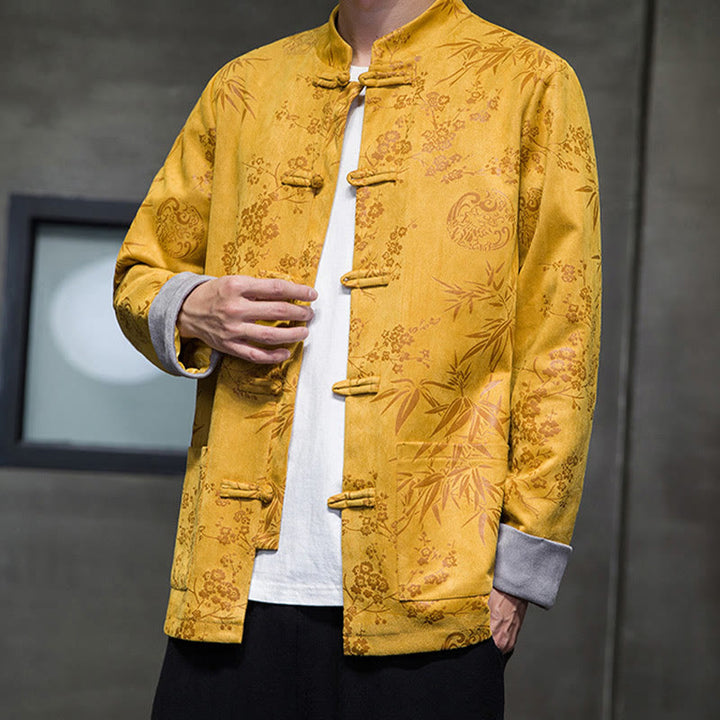 Buddha Stonesと中国の旧正月服、花柄、竹、無地、カエルボタン、唐装、綿、メンズジャケット、ポケット付きシャツ - image 8