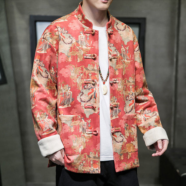 Buddha Stones中国の旧正月服 古代人物画 無地 カフス カエルボタン 唐装 綿 メンズ ジャケット シャツ ポケット付き - image 3