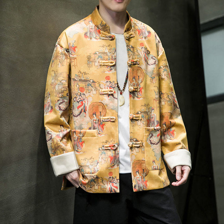 Buddha Stones中国の旧正月服 古代人物画 無地 カフス カエルボタン 唐装 綿 メンズ ジャケット シャツ ポケット付き - image 13