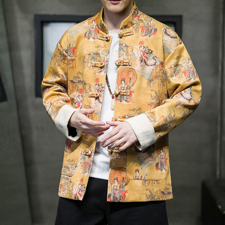 Buddha Stones中国の旧正月服 古代人物画 無地 カフス カエルボタン 唐装 綿 メンズ ジャケット シャツ ポケット付き