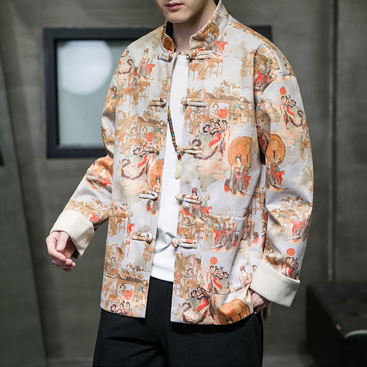 Buddha Stones中国の旧正月服 古代人物画 無地 カフス カエルボタン 唐装 綿 メンズ ジャケット シャツ ポケット付き - image 21