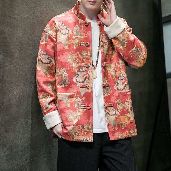 Buddha Stones中国の旧正月服 古代人物画 無地 カフス カエルボタン 唐装 綿 メンズ ジャケット シャツ ポケット付き - image 7