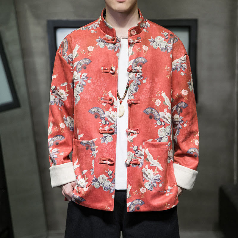 Buddha Stones、中国の旧正月服、花、扇子、鳥、カエルボタンの唐装、綿のメンズジャケット、ポケット付きシャツ - オレンジレッド - US/UK/AU46、 EU56 (5XL) - image 0