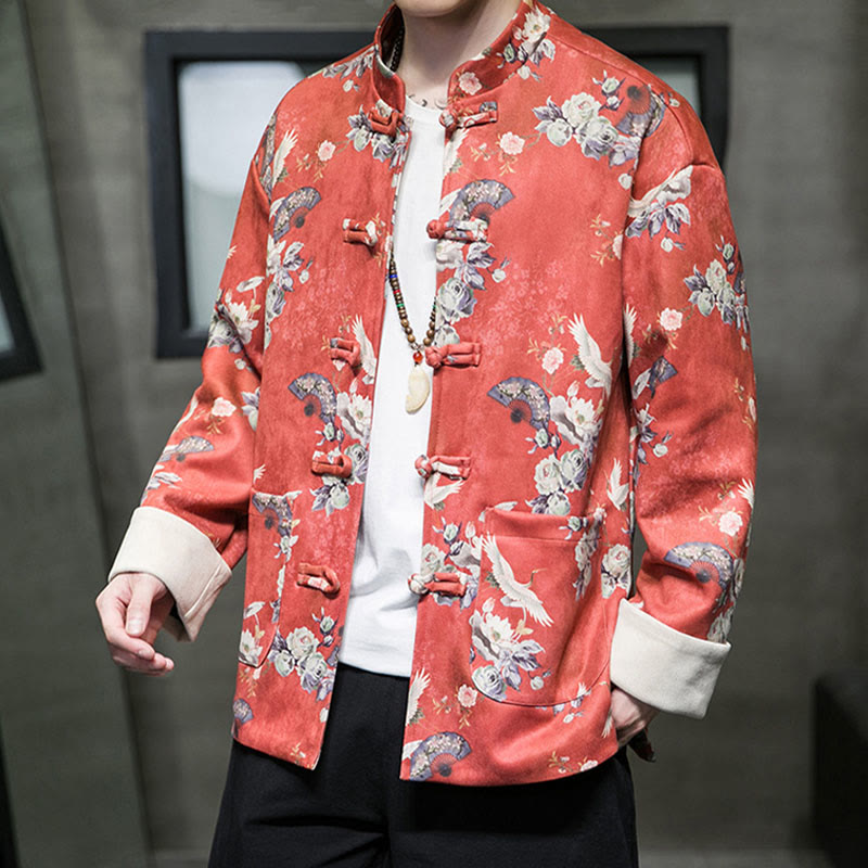 Buddha Stones、中国の旧正月服、花、扇子、鳥、カエルボタンの唐装、綿のメンズジャケット、ポケット付きシャツ - image 1