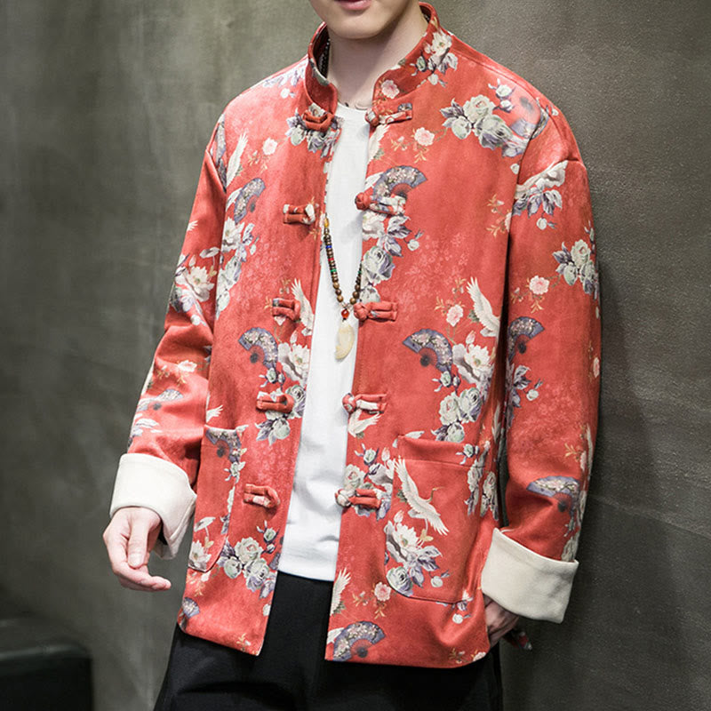 Buddha Stones、中国の旧正月服、花、扇子、鳥、カエルボタンの唐装、綿のメンズジャケット、ポケット付きシャツ - image 3