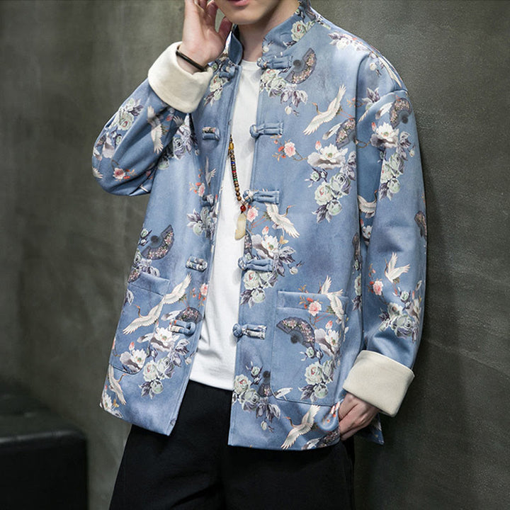 Buddha Stones、中国の旧正月服、花、扇子、鳥、カエルボタンの唐装、綿のメンズジャケット、ポケット付きシャツ - image 11