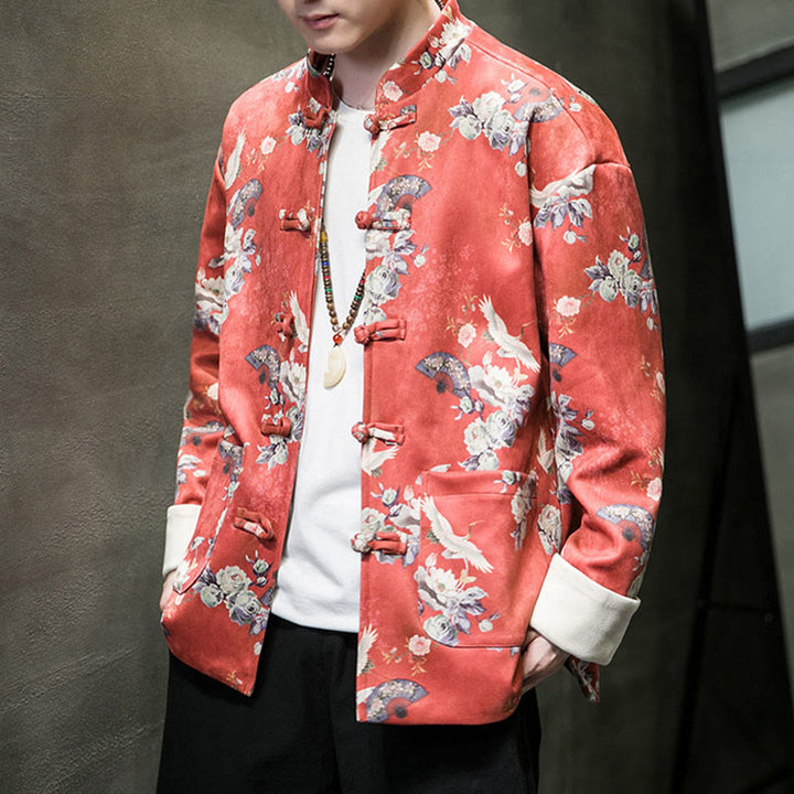 Buddha Stones、中国の旧正月服、花、扇子、鳥、カエルボタンの唐装、綿のメンズジャケット、ポケット付きシャツ - image 5