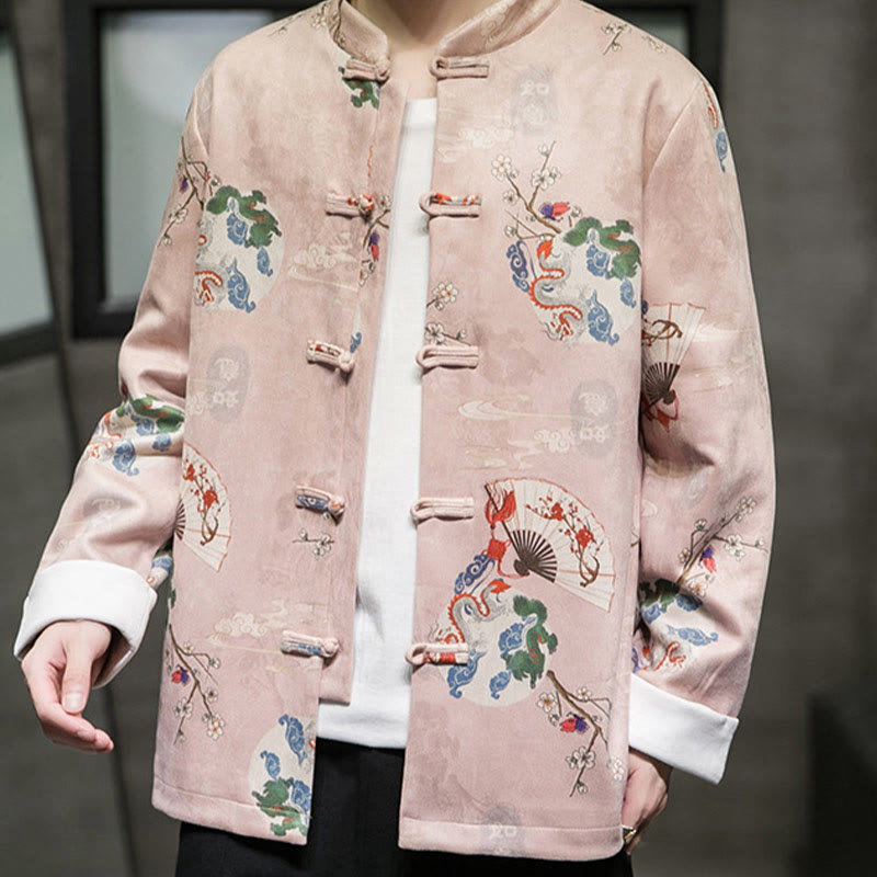 Buddha Stones、中国の旧正月服、花、龍、扇子、縁起の良い雲、カエルボタンの唐装、綿のメンズジャケットシャツ