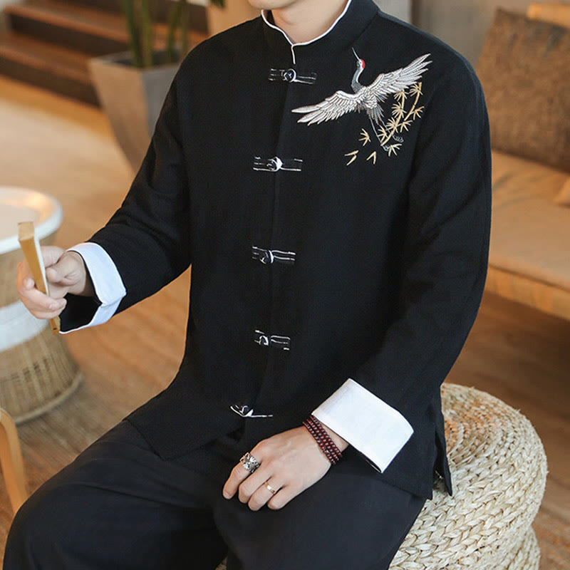 Buddha Stones、中国の旧正月、飛鶴刺繍、カエルボタン、唐装、コットンメンズジャケット、シャツ - image 13