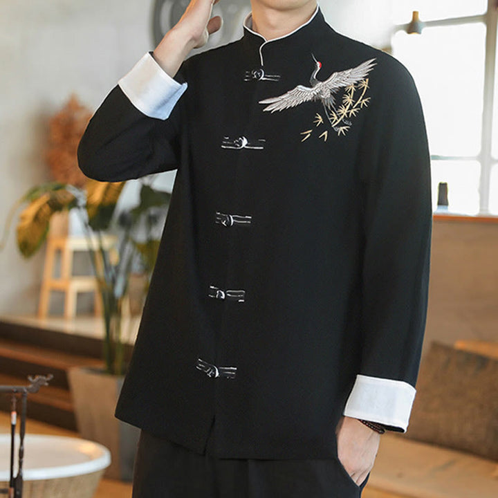 Buddha Stones、中国の旧正月、飛鶴刺繍、カエルボタン、唐装、コットンメンズジャケット、シャツ - image 11