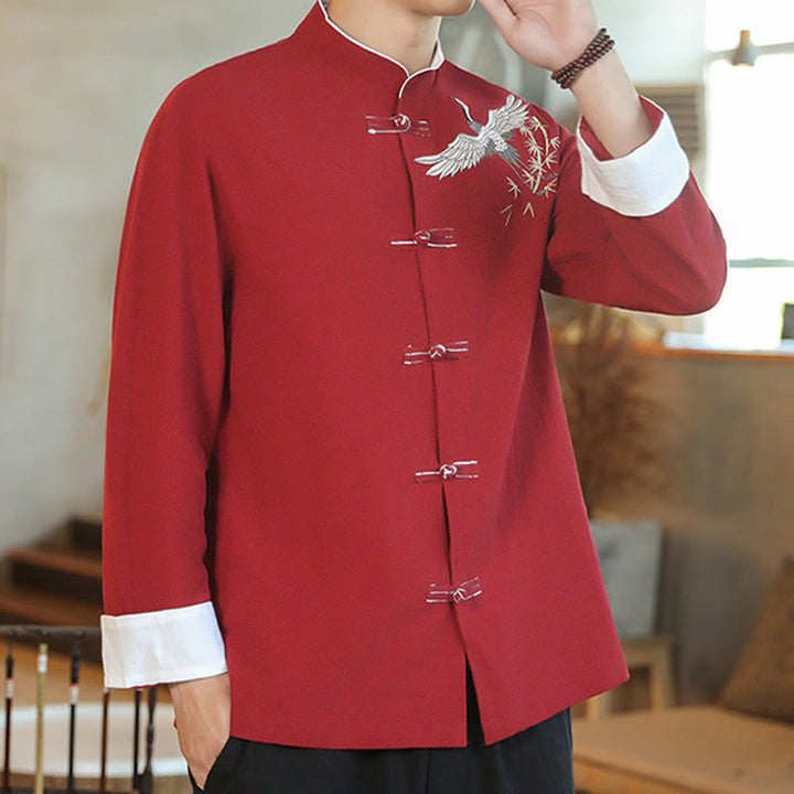 Buddha Stones、中国の旧正月、飛鶴刺繍、カエルボタン、唐装、コットンメンズジャケット、シャツ - image 7