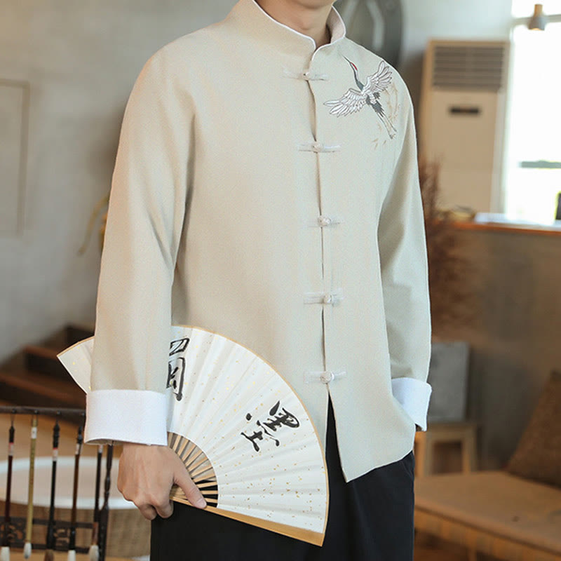 Buddha Stones、中国の旧正月、飛鶴刺繍、カエルボタン、唐装、コットンメンズジャケット、シャツ - image 18