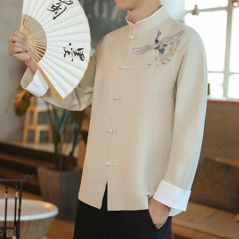 Buddha Stones、中国の旧正月、飛鶴刺繍、カエルボタン、唐装、コットンメンズジャケット、シャツ - image 22