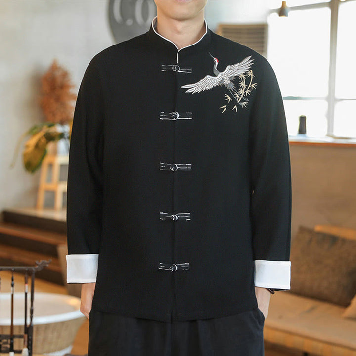 Buddha Stones、中国の旧正月、飛鶴刺繍、カエルボタン、唐装、コットンメンズジャケット、シャツ - 黒 - US/UK/AU46、 EU56 (5XL) - image 10