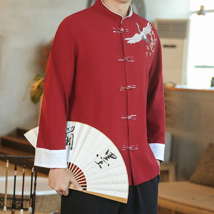 Buddha Stones、中国の旧正月、飛鶴刺繍、カエルボタン、唐装、コットンメンズジャケット、シャツ - image 8