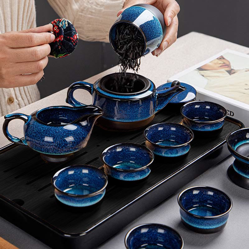 Buddha Stonesブルーグラデーションカラー 中国功夫茶 陶器ティーポット ポータブルギフトバッグボックスセット