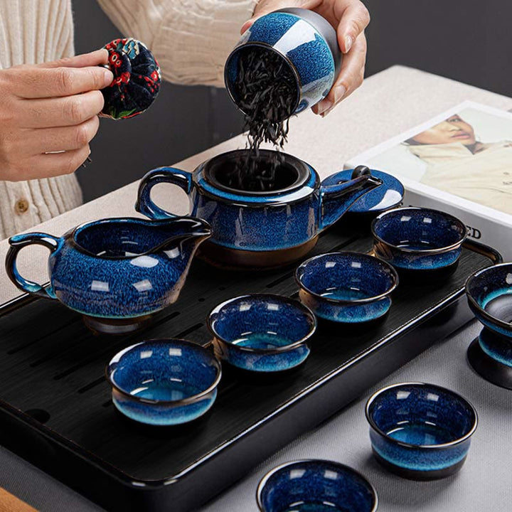 Buddha Stonesブルーグラデーションカラー 中国功夫茶 陶器ティーポット ポータブルギフトバッグボックスセット