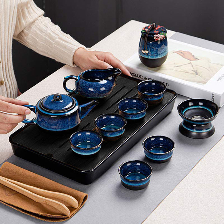 Buddha Stonesブルーグラデーションカラー 中国功夫茶 陶器ティーポット ポータブルギフトバッグボックスセット