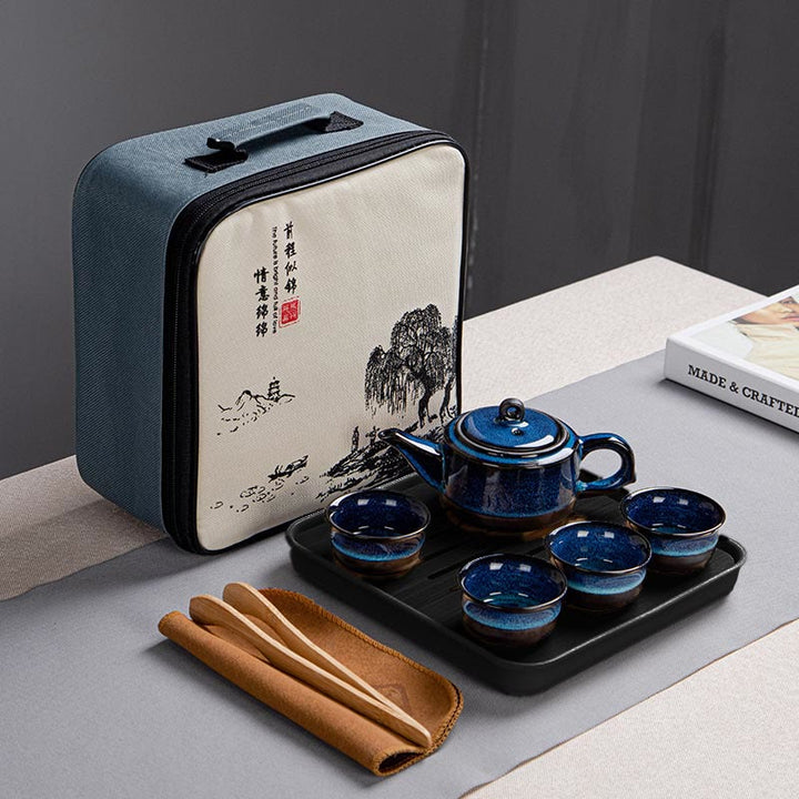 Buddha Stonesブルーグラデーションカラー 中国功夫茶 陶器ティーポット ポータブルギフトバッグボックスセット