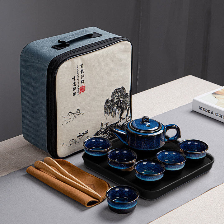 Buddha Stonesブルーグラデーションカラー 中国功夫茶 陶器ティーポット ポータブルギフトバッグボックスセット