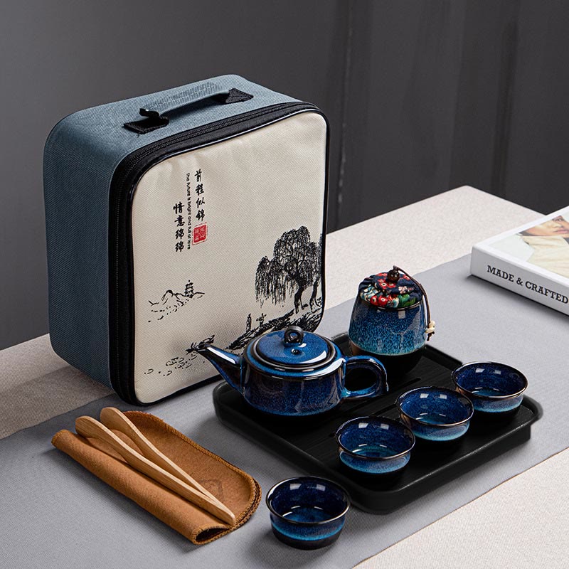 Buddha Stonesブルーグラデーションカラー 中国功夫茶 陶器ティーポット ポータブルギフトバッグボックスセット