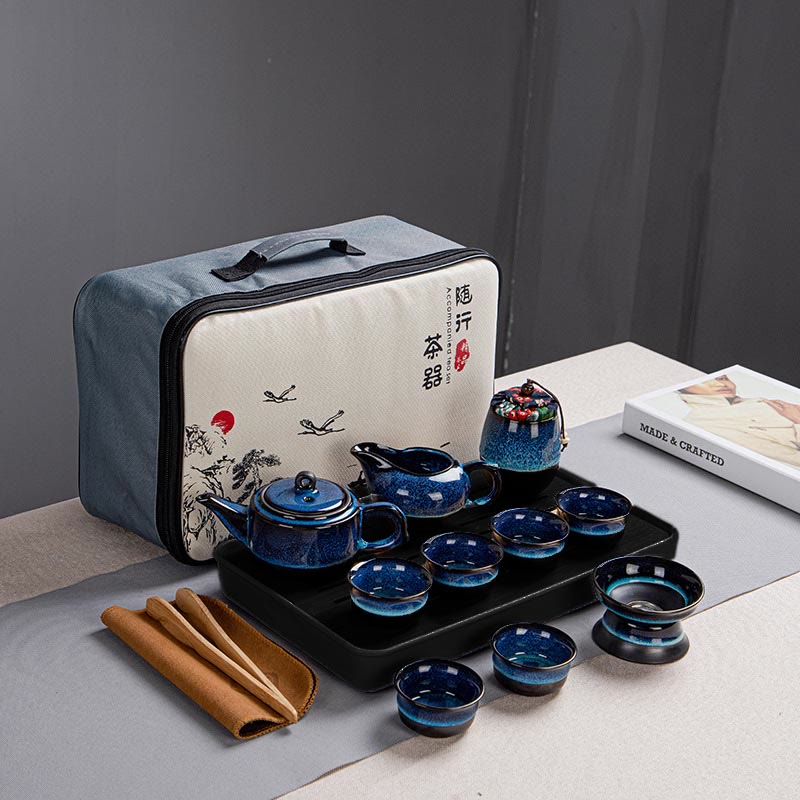 Buddha Stonesブルーグラデーションカラー 中国功夫茶 陶器ティーポット ポータブルギフトバッグボックスセット