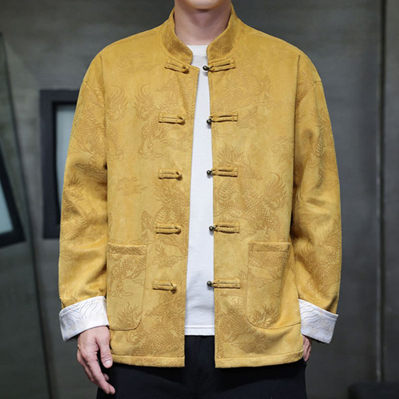 Buddha Stones、中国の旧正月、麒麟柄、カエルボタン、唐装、メンズジャケット、ポケット付きシャツ - 黄色 - US/UK/AU46、 EU56 (5XL) - image 1