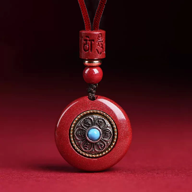 Buddha Stones天然辰砂 六つの真実の言葉「オーム・マニ・パドメ・フム」編み紐祝福キーチェーンネックレスペンダント - 辰砂オーム・マニ・パドメ・フムネックレス - image 1