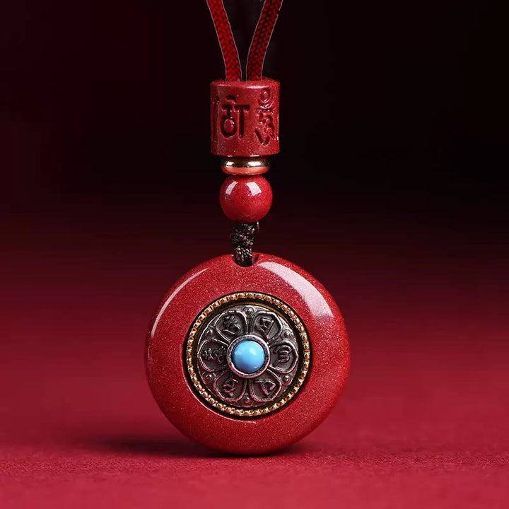 Buddha Stones天然辰砂 六つの真実の言葉「オーム・マニ・パドメ・フム」編み紐祝福キーチェーンネックレスペンダント - 辰砂オーム・マニ・パドメ・フムネックレス - image 1