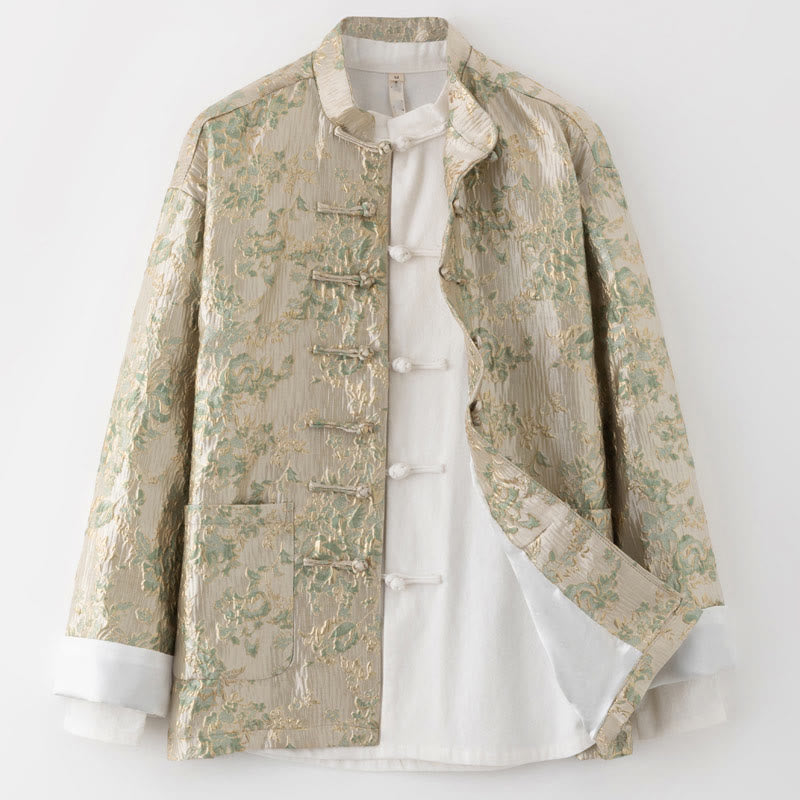 Buddha Stones中国新年 ジャカード刺繍 カエルボタン 唐装 メンズ ジャケット シャツ ポケット付き - 小麦 - US/UK/AU44、 EU54 (4XL) - image 9