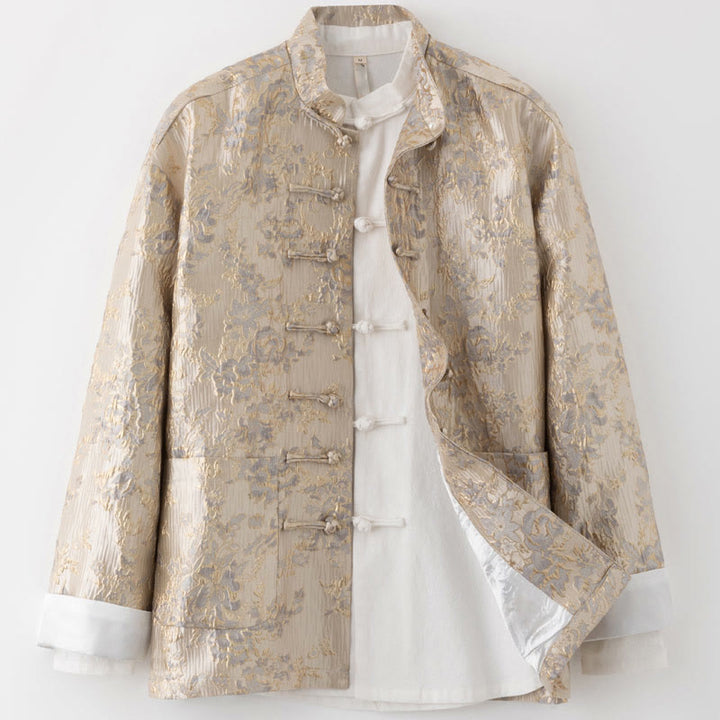 Buddha Stones中国新年 ジャカード刺繍 カエルボタン 唐装 メンズ ジャケット シャツ ポケット付き - バーリーウッド - US/UK/AU44、 EU54 (4XL) - image 10