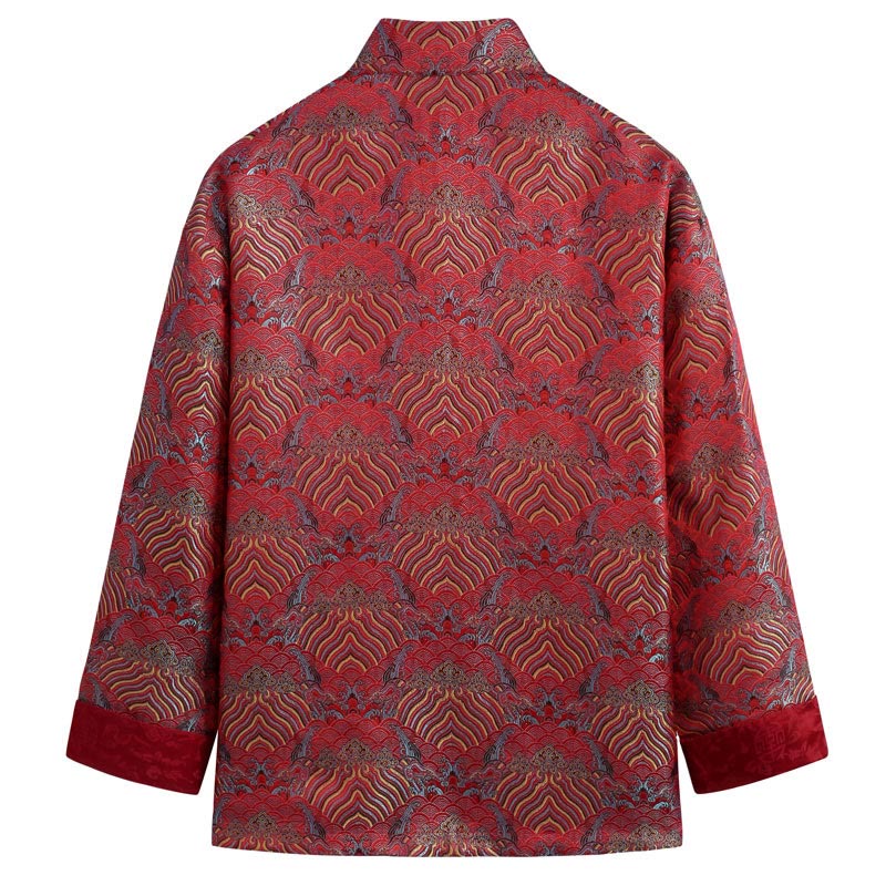 Buddha Stones中国新年 ジャカード ダマスク 海水柄 カエルボタン 唐装 メンズ ジャケット シャツ ポケット付き - image 1