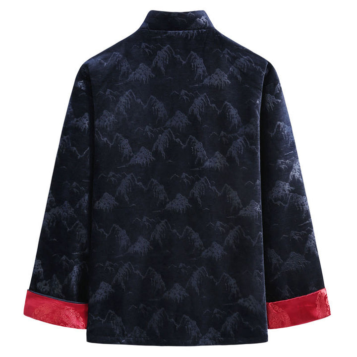 Buddha Stones、中国の旧正月風景プリント、手作りのカエルボタン唐装メンズジャケットシャツ、ポケット付き - image 5