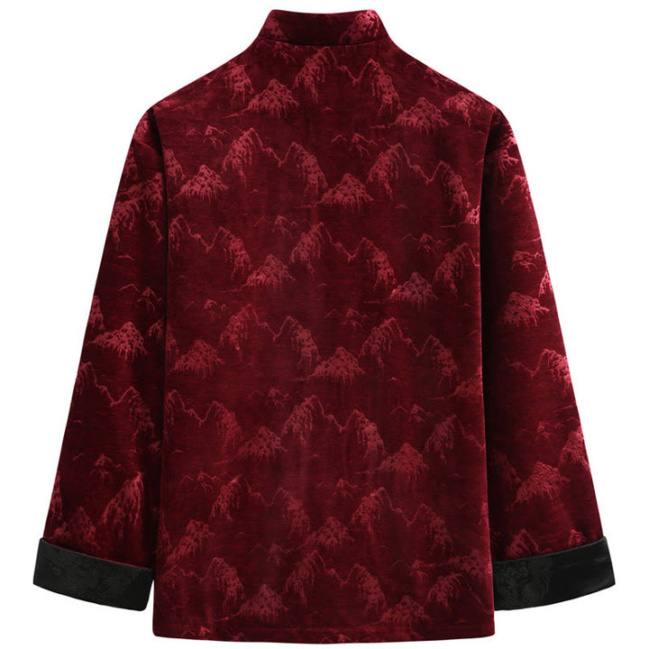 Buddha Stones、中国の旧正月風景プリント、手作りのカエルボタン唐装メンズジャケットシャツ、ポケット付き - image 1