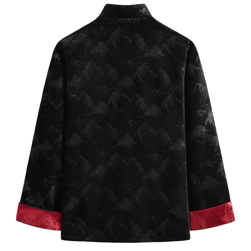 Buddha Stones、中国の旧正月風景プリント、手作りのカエルボタン唐装メンズジャケットシャツ、ポケット付き - image 3