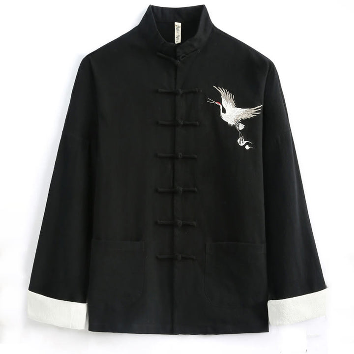 Buddha Stones中国の旧正月 鶴刺繍 唐装 漢服 長袖 トップス パンツ 衣類 コットンリネン メンズセット ポケット付き - image 1