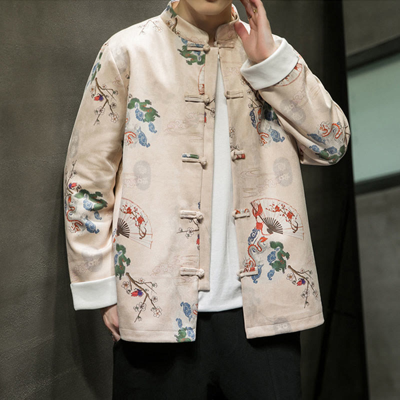 Buddha Stones、中国の旧正月服、花、龍、扇子、縁起の良い雲、カエルボタンの唐装、綿のメンズジャケットシャツ - image 8