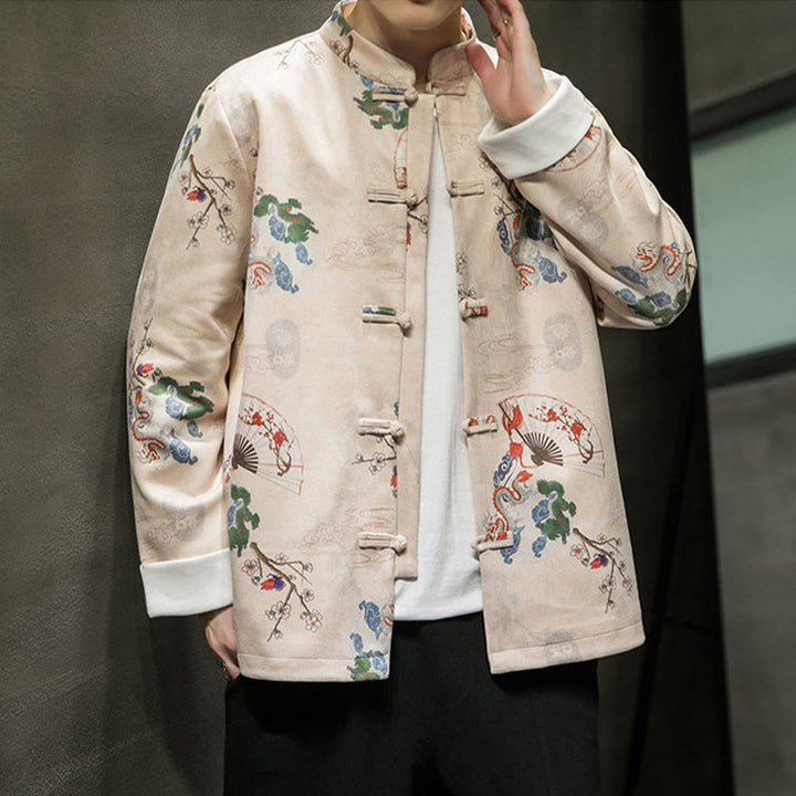 Buddha Stones、中国の旧正月服、花、龍、扇子、縁起の良い雲、カエルボタンの唐装、綿のメンズジャケットシャツ - image 8