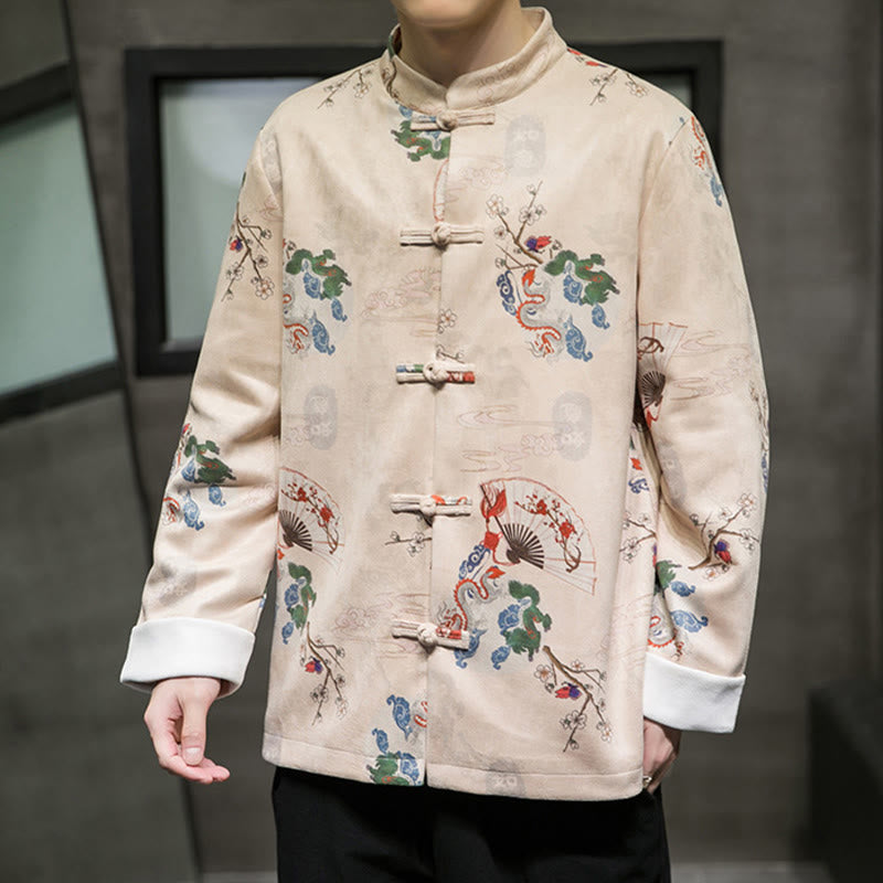 Buddha Stones、中国の旧正月服、花、龍、扇子、縁起の良い雲、カエルボタンの唐装、綿のメンズジャケットシャツ
