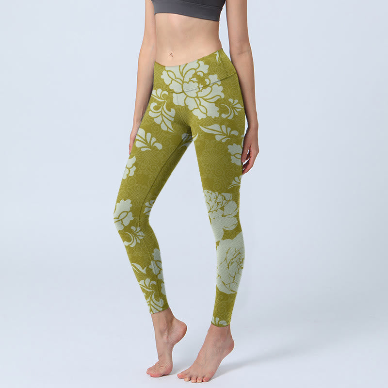 Buddha Stonesモノクロ花柄ジムレギンスレディースヨガパンツ - 黄緑 - US18、 UK/AU22、 EU50 (4XL) - image 1