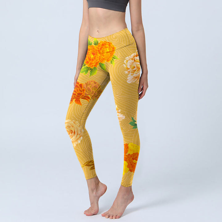 Buddha Stones鮮やかなローズフラワープリント ジムレギンス レディース ヨガパンツ - 金 - US18、 UK/AU22、 EU50 (4XL) - image 1