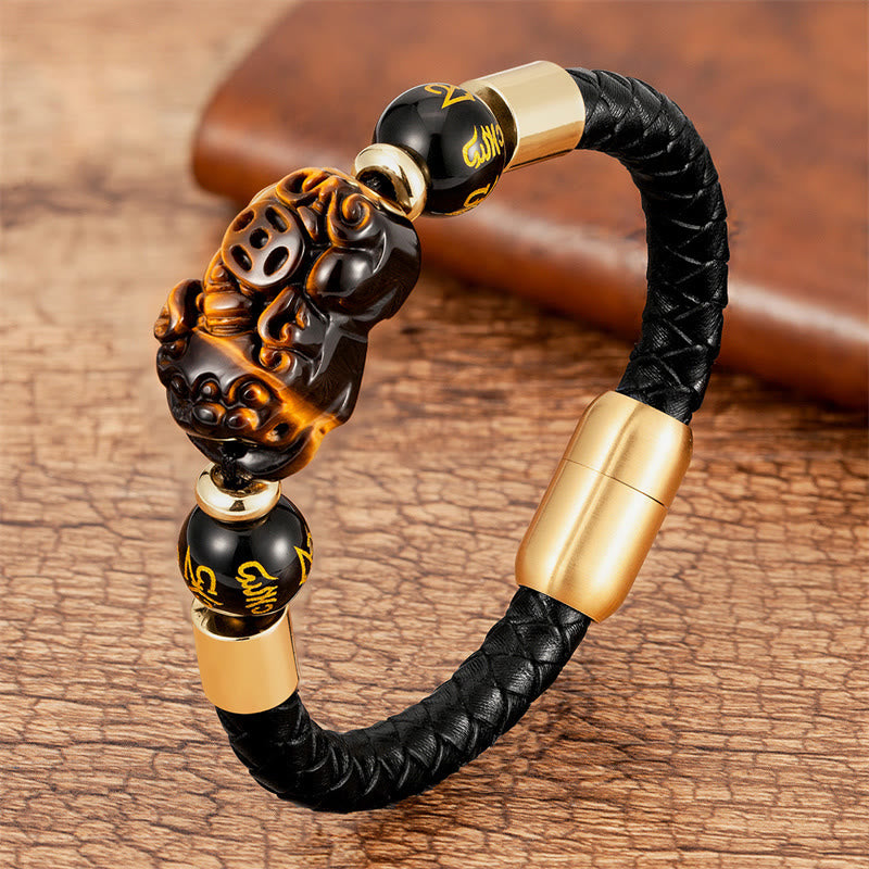 Buddha Stonesタイガーアイ ブラックオニキス レッドアゲート 貔貅 銅貨オーム・マニ・パドメ・フム強さ レザーブレスレット - タイガーアイ - 18～22cm - image 1